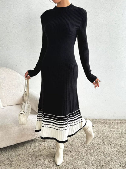 Ribbed Knit Sweater Dress with Striped Hem The Nichole Collection