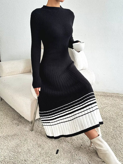 Ribbed Knit Sweater Dress with Striped Hem The Nichole Collection
