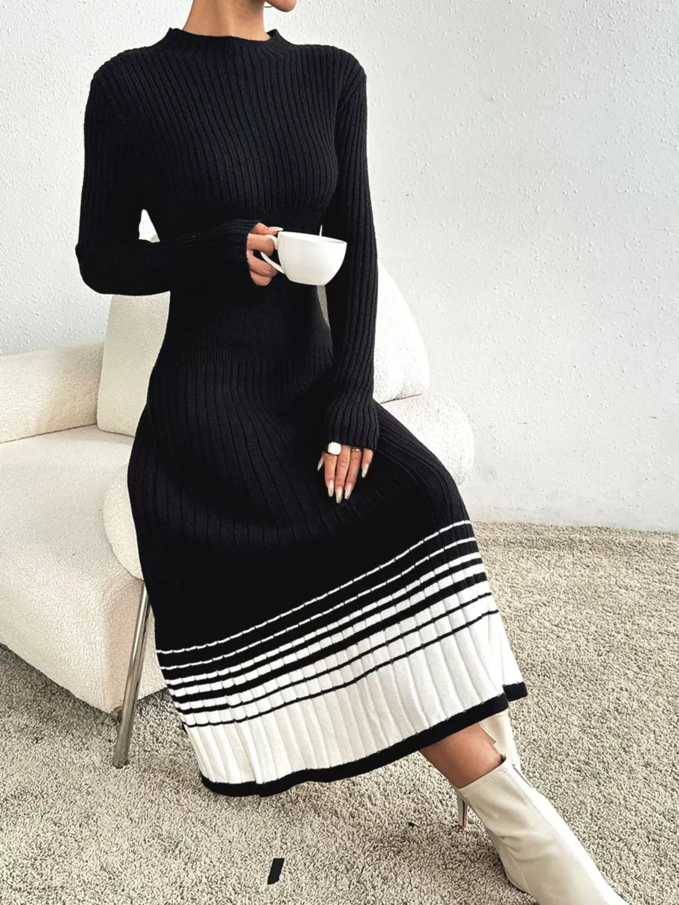 Ribbed Knit Sweater Dress with Striped Hem The Nichole Collection