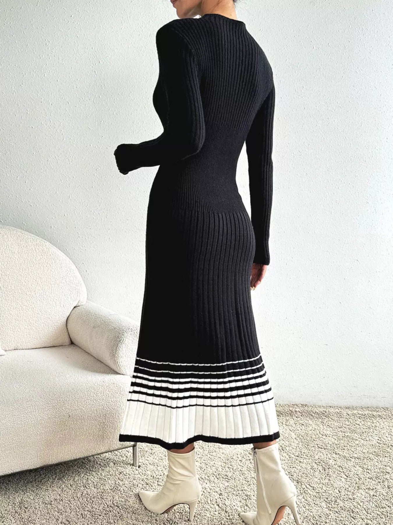 Ribbed Knit Sweater Dress with Striped Hem The Nichole Collection
