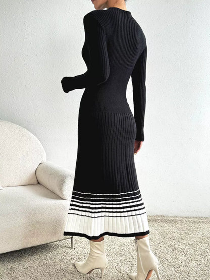 Ribbed Knit Sweater Dress with Striped Hem The Nichole Collection
