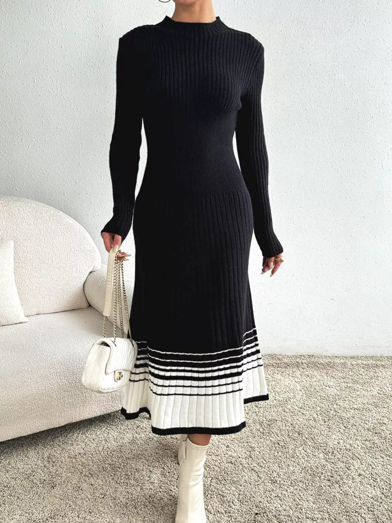 Ribbed Knit Sweater Dress with Striped Hem The Nichole Collection