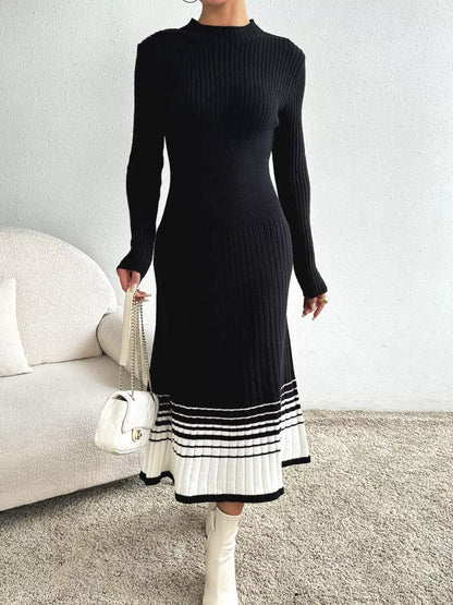 Ribbed Knit Sweater Dress with Striped Hem The Nichole Collection