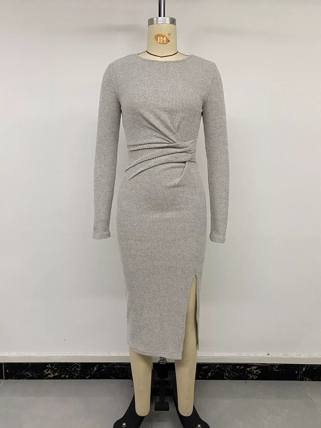 Ribbed Knit Twist Front Long Sleeve Midi Dress with Slit The Nichole Collection - Official Site