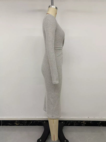 Ribbed Knit Twist Front Long Sleeve Midi Dress with Slit The Nichole Collection - Official Site