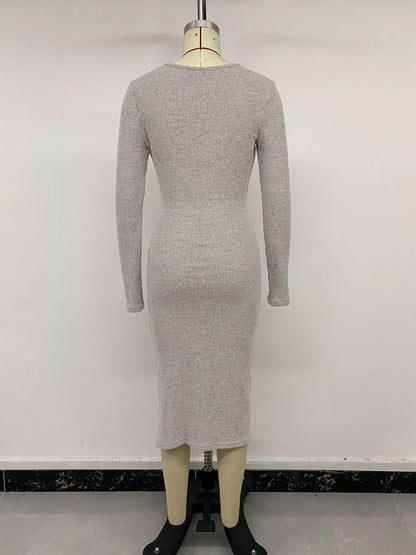 Ribbed Knit Twist Front Long Sleeve Midi Dress with Slit The Nichole Collection - Official Site