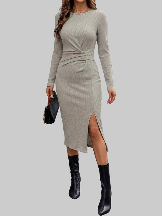 Ribbed Knit Twist Front Long Sleeve Midi Dress with Slit | The Nichole Collection