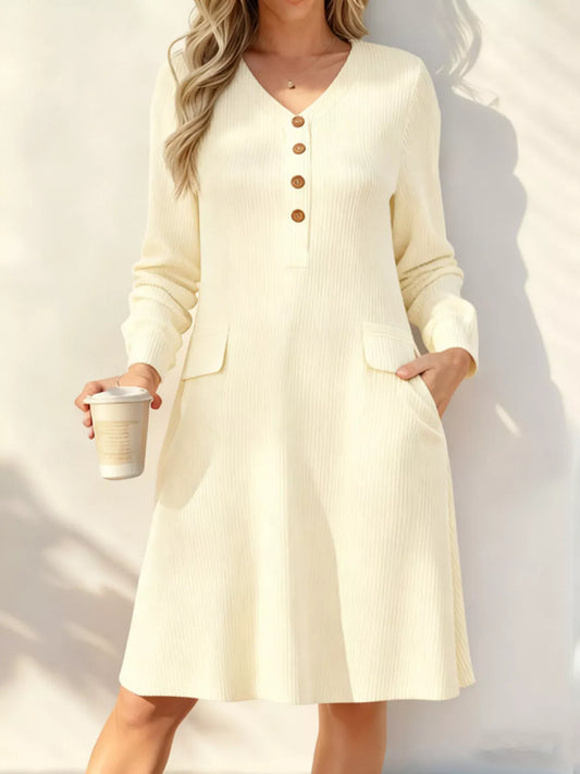 Ribbed Knit V-Neck Dress Apricot / S The Nichole Collection - Official Site