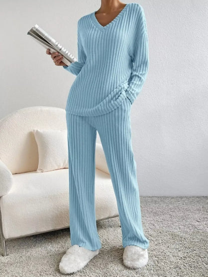 Ribbed Knit V-Neck Top and Pants Set Blue / S The Nichole Collection - Official Site