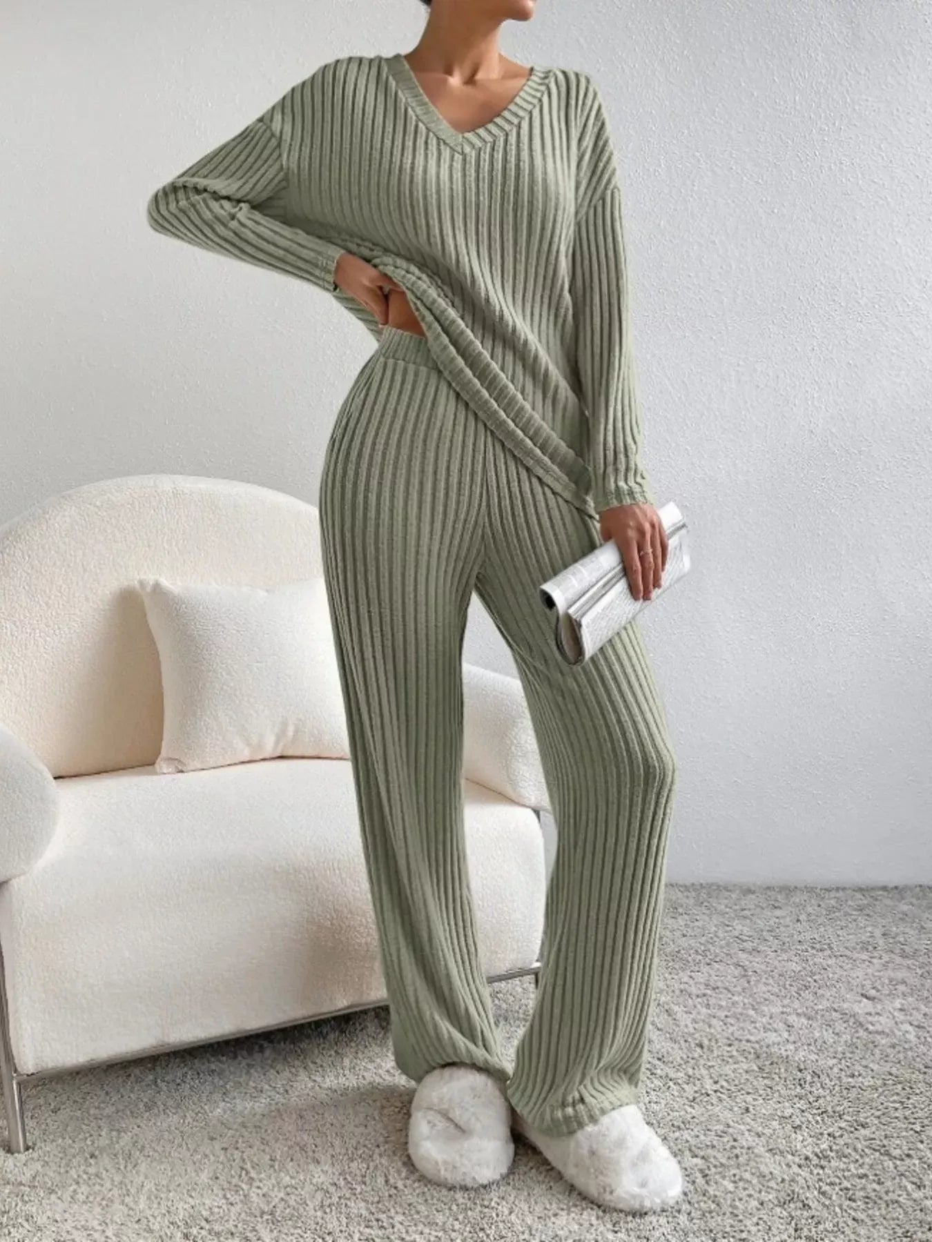 Ribbed Knit V-Neck Top and Pants Set Green / S The Nichole Collection - Official Site