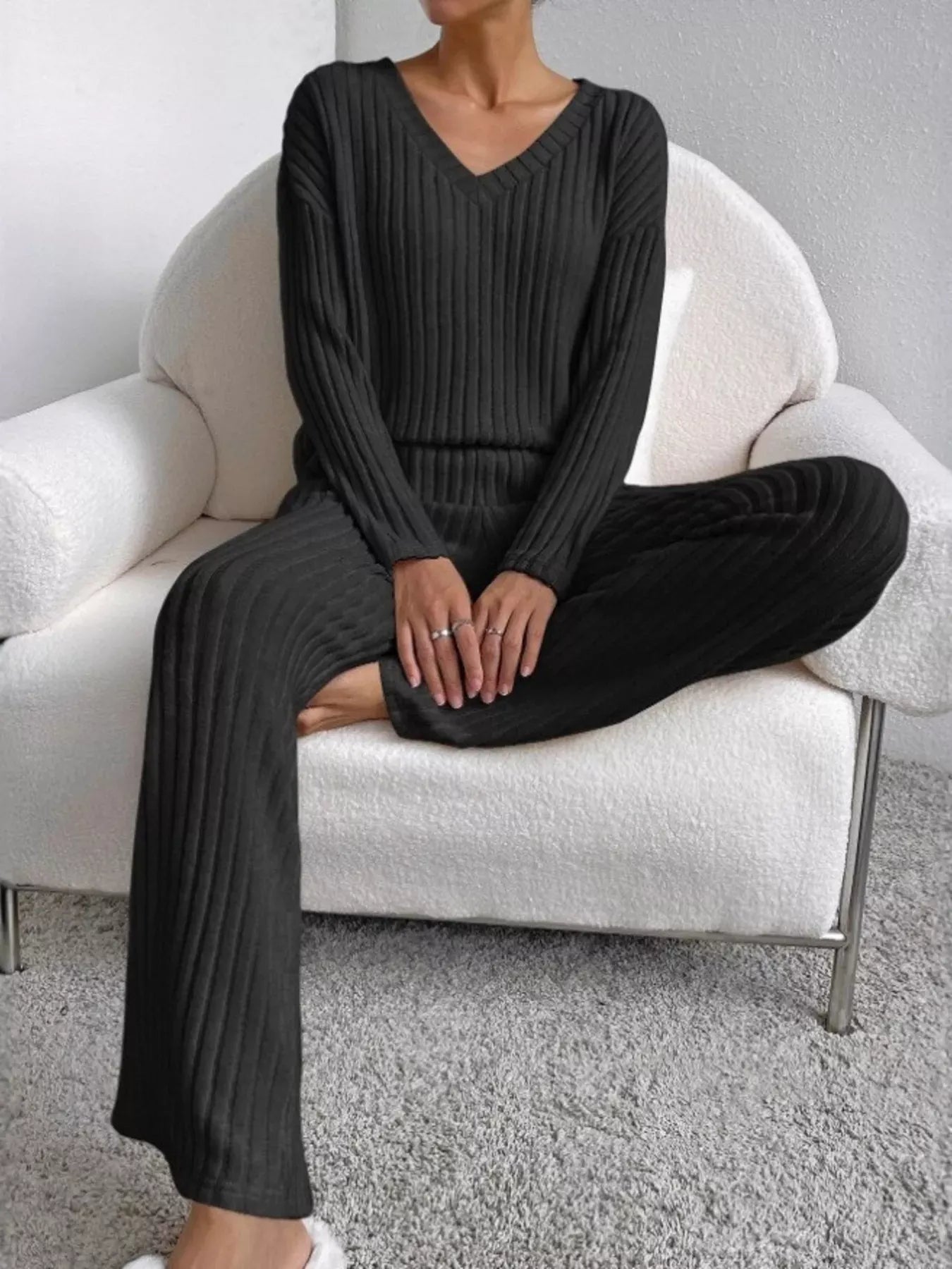 Ribbed Knit V-Neck Top and Pants Set The Nichole Collection - Official Site