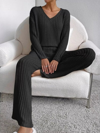 Ribbed Knit V-Neck Top and Pants Set The Nichole Collection - Official Site