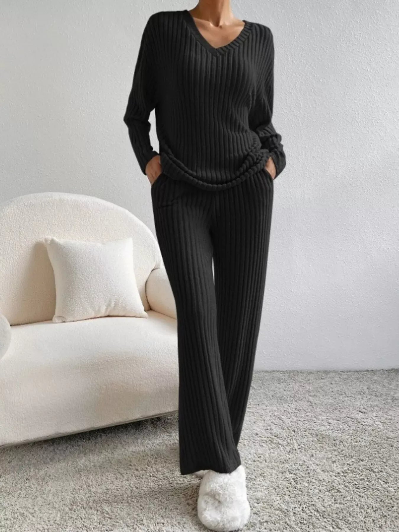 Ribbed Knit V-Neck Top and Pants Set Black / S The Nichole Collection - Official Site