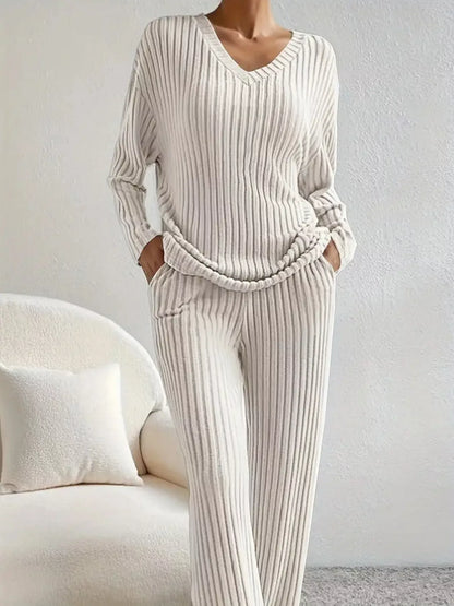 Ribbed Knit V-Neck Top and Pants Set Off-white / S The Nichole Collection - Official Site