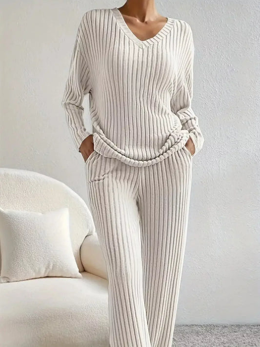 Ribbed Knit V-Neck Top and Pants Set Off-white / S The Nichole Collection