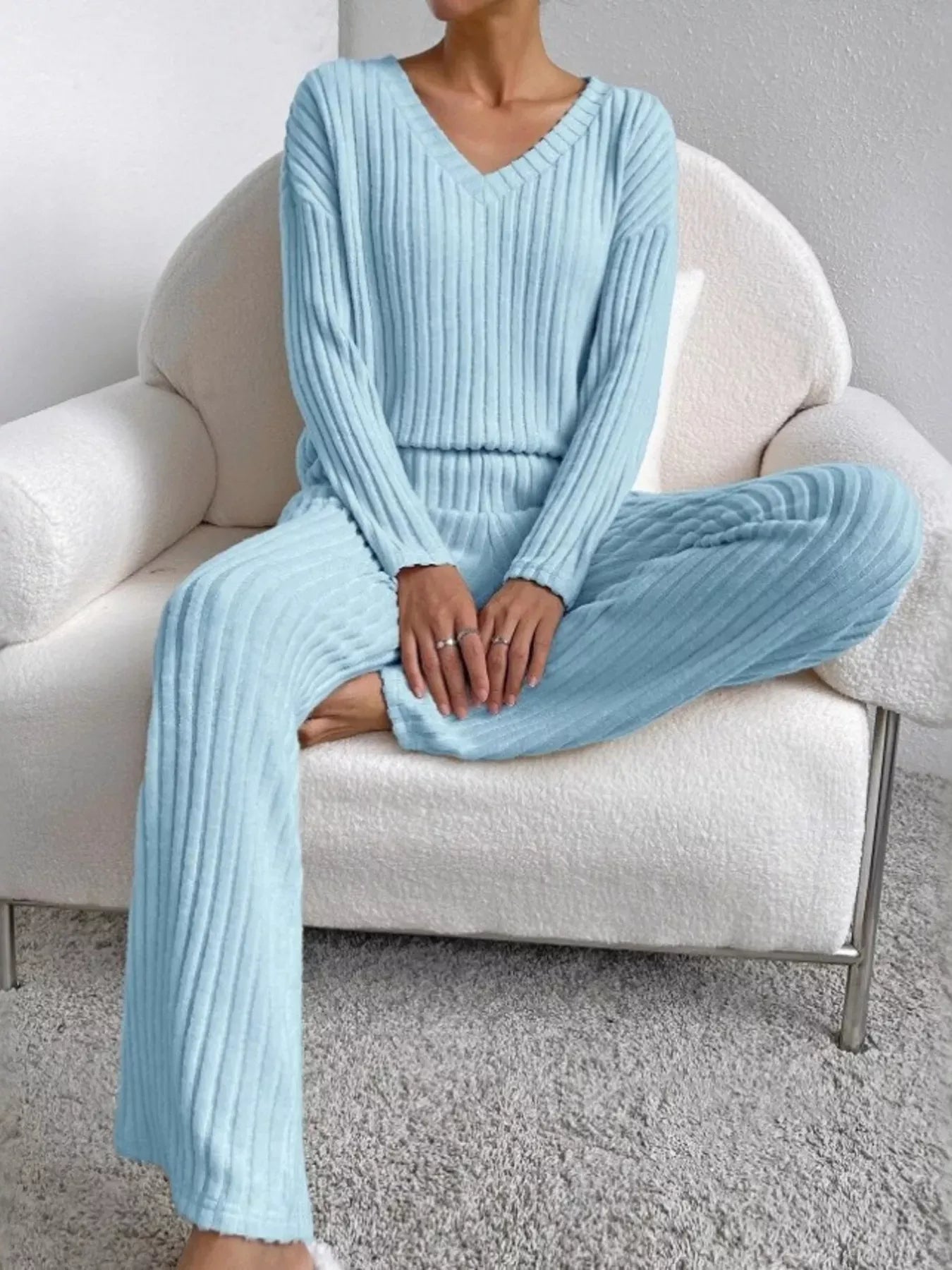 Ribbed Knit V-Neck Top and Pants Set The Nichole Collection - Official Site