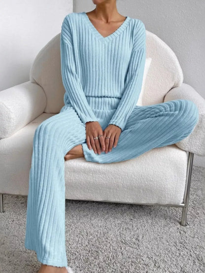 Ribbed Knit V-Neck Top and Pants Set The Nichole Collection - Official Site