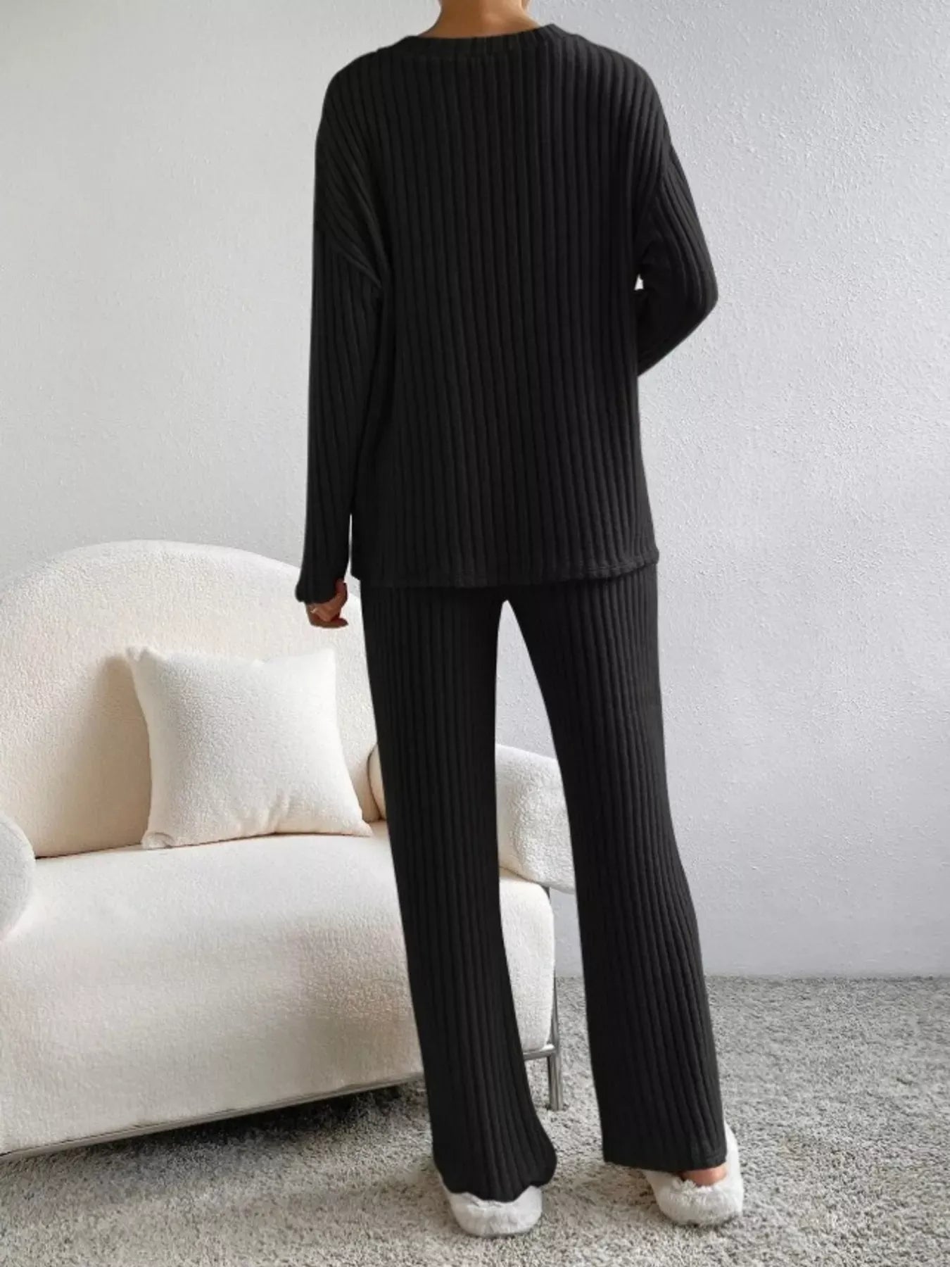 Ribbed Knit V-Neck Top and Pants Set The Nichole Collection - Official Site