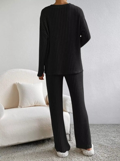 Ribbed Knit V-Neck Top and Pants Set The Nichole Collection - Official Site