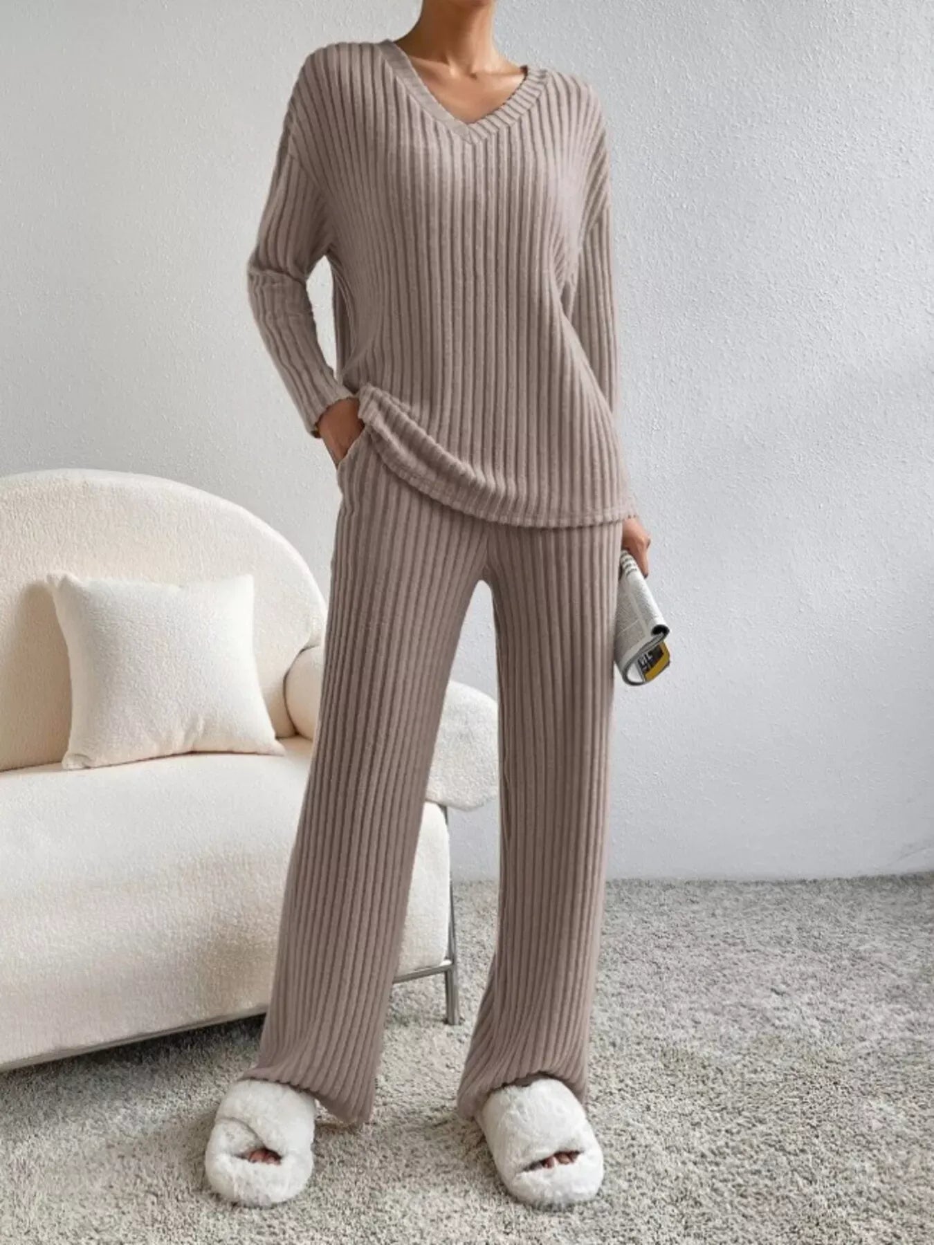 Ribbed Knit V-Neck Top and Pants Set The Nichole Collection - Official Site