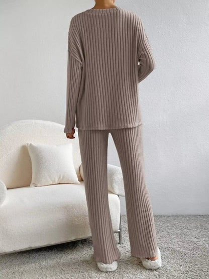 Ribbed Knit V-Neck Top and Pants Set The Nichole Collection - Official Site