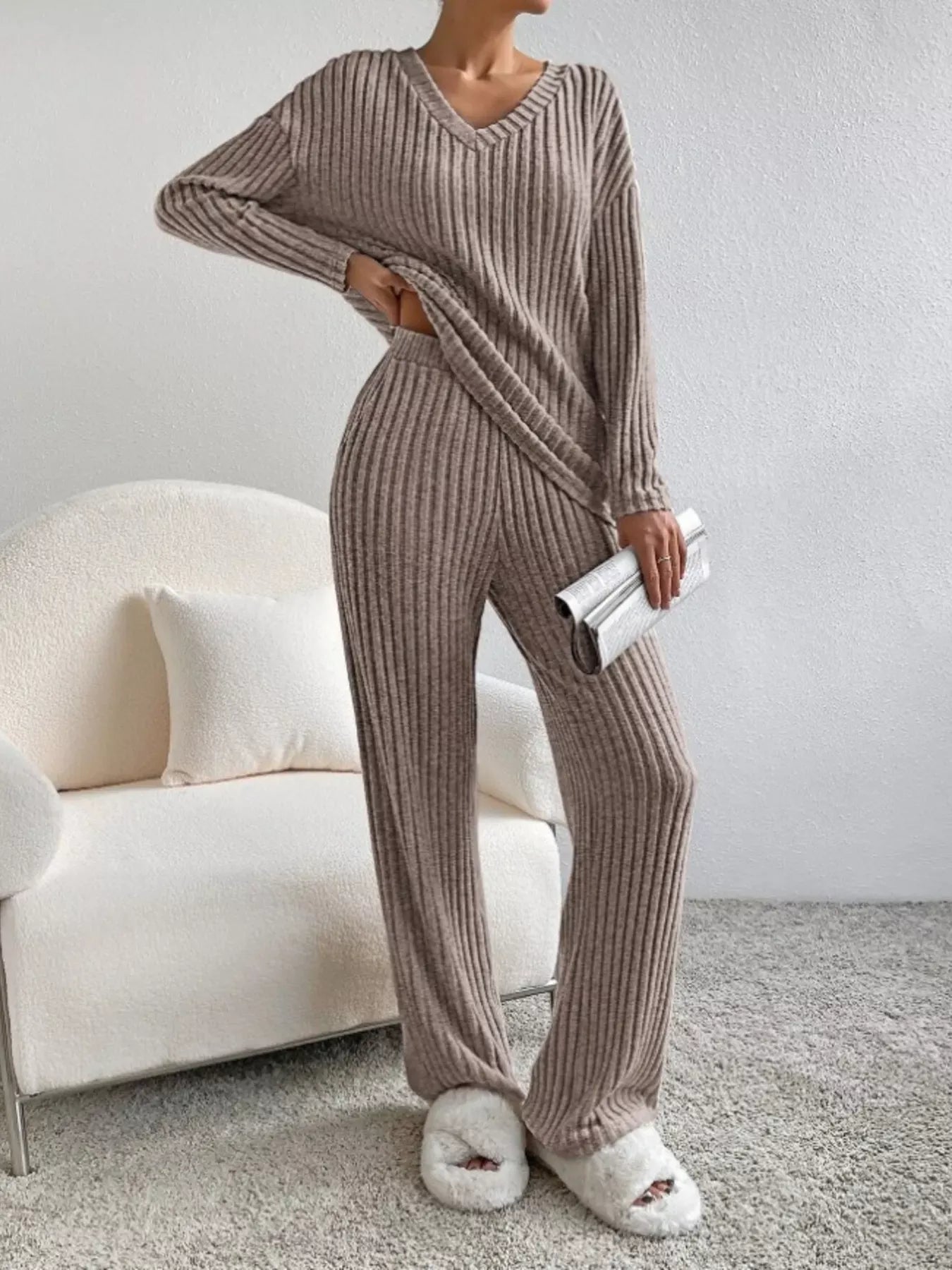 Ribbed Knit V-Neck Top and Pants Set The Nichole Collection - Official Site