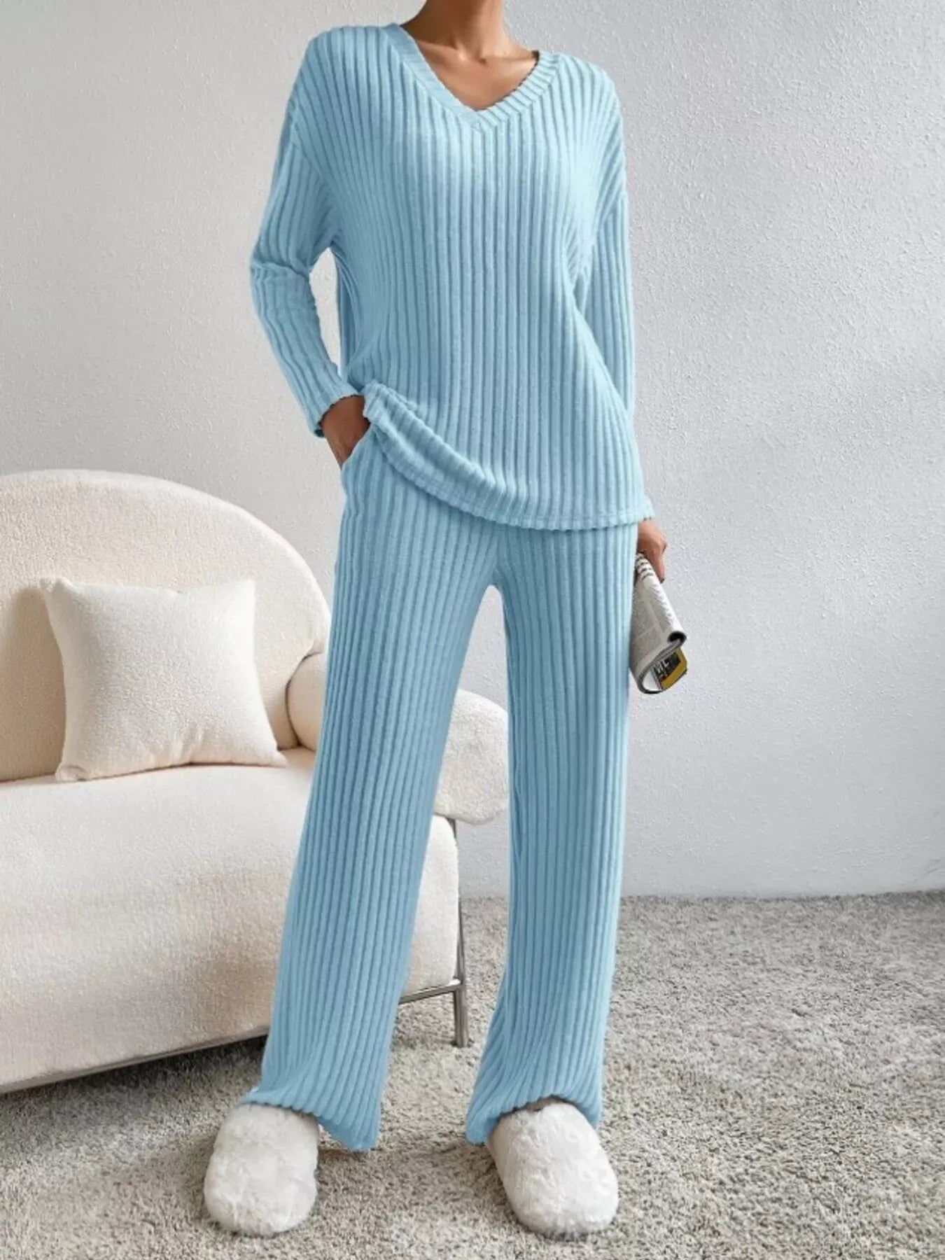 Ribbed Knit V-Neck Top and Pants Set The Nichole Collection - Official Site