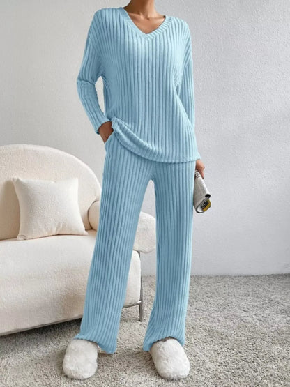 Ribbed Knit V-Neck Top and Pants Set The Nichole Collection - Official Site