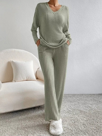 Ribbed Knit V-Neck Top and Pants Set The Nichole Collection - Official Site