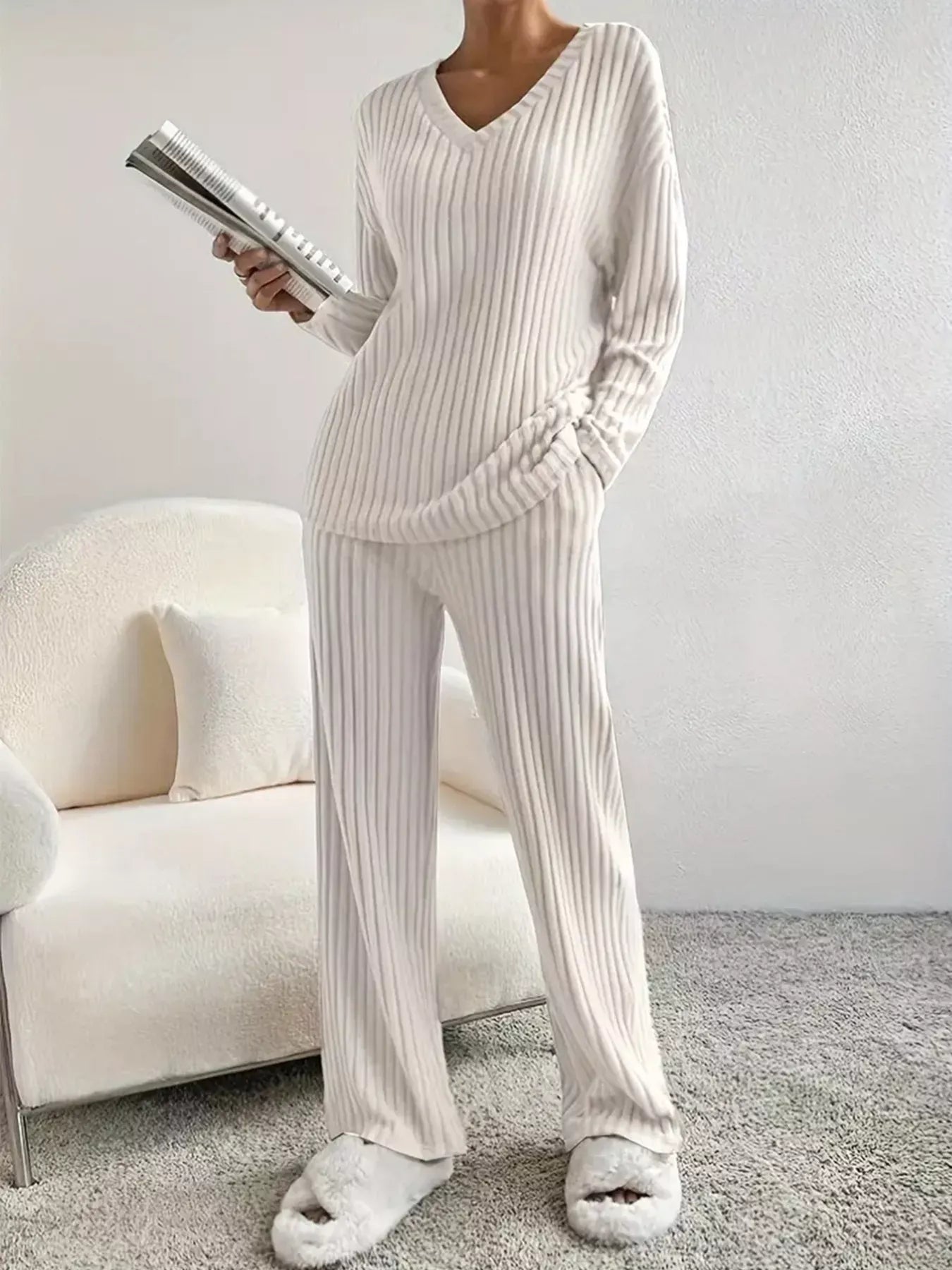 Ribbed Knit V-Neck Top and Pants Set The Nichole Collection - Official Site