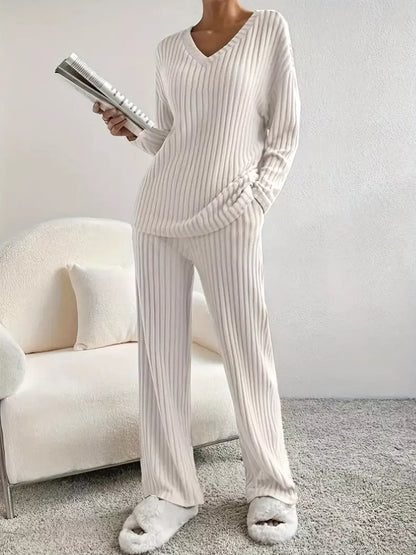 Ribbed Knit V-Neck Top and Pants Set The Nichole Collection - Official Site