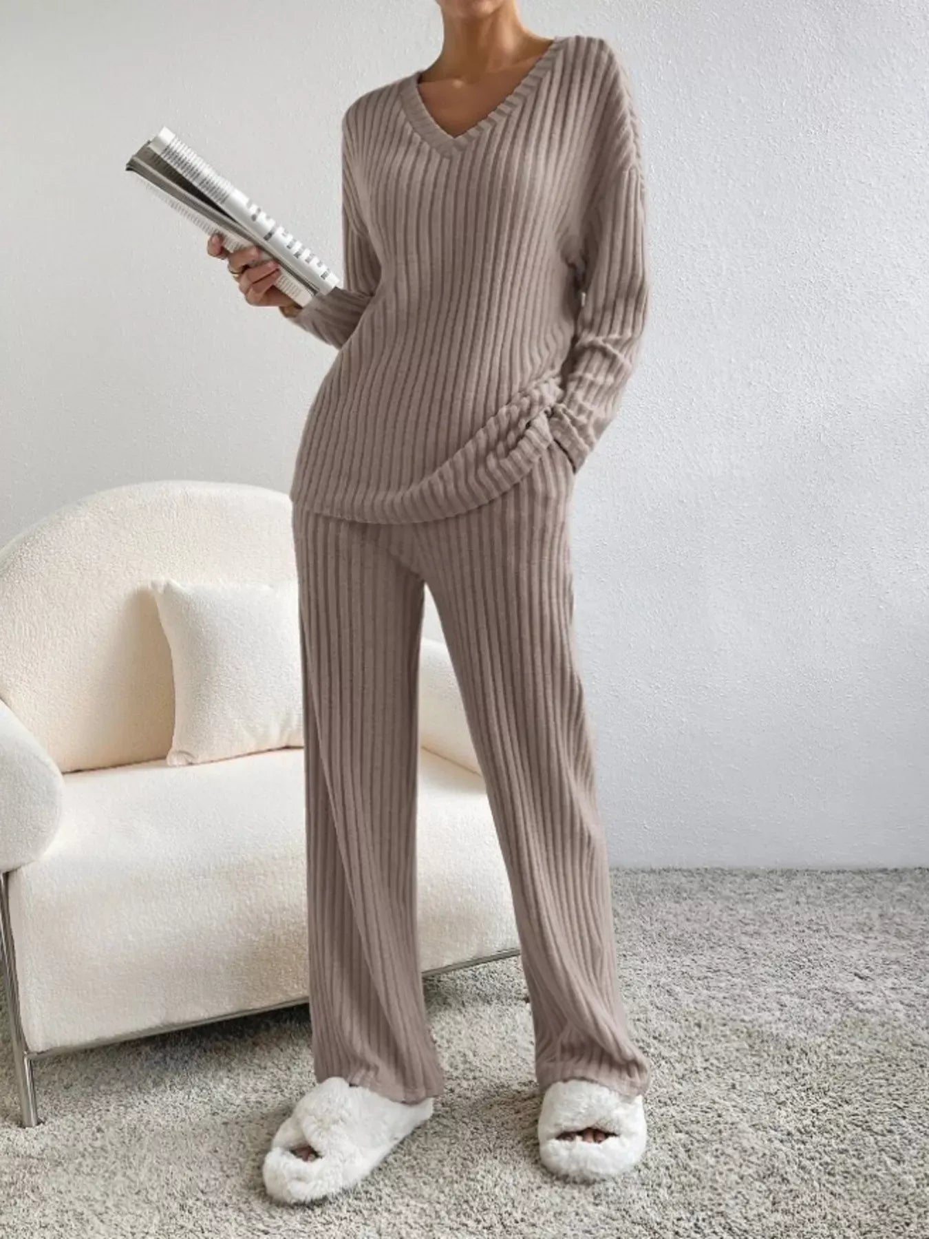 Ribbed Knit V-Neck Top and Pants Set Brown / S The Nichole Collection - Official Site