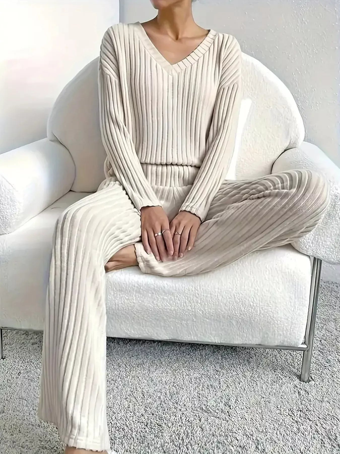 Ribbed Knit V-Neck Top and Pants Set The Nichole Collection - Official Site