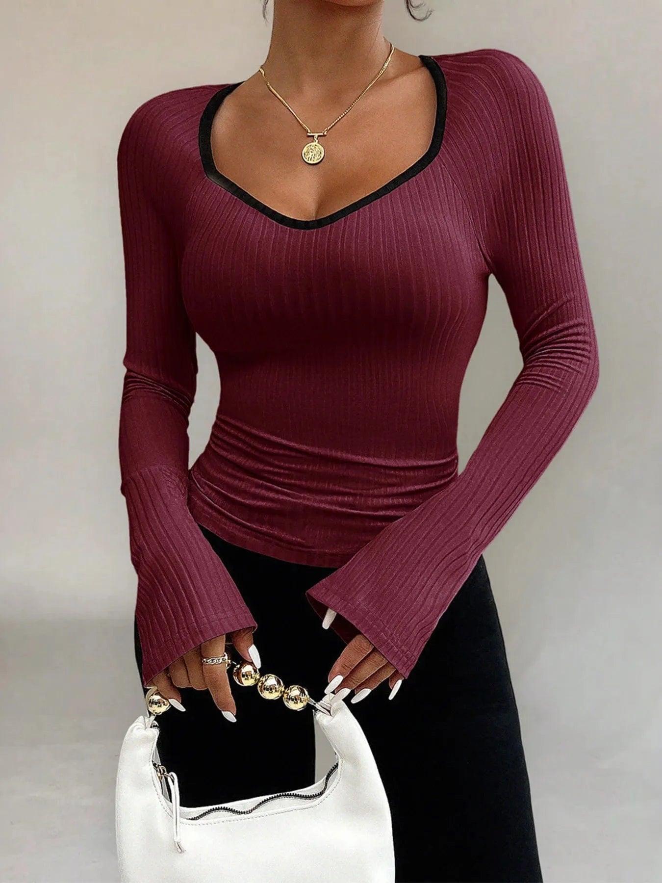 Ribbed Long Sleeve Fitted T-Shirt The Nichole Collection