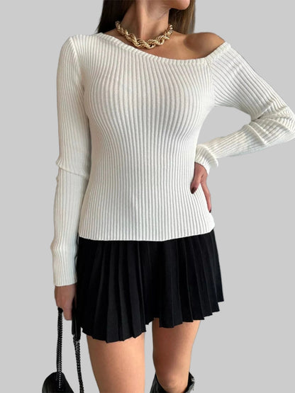 Ribbed Single Shoulder Sweater Sweaters White / S The Nichole Collection
