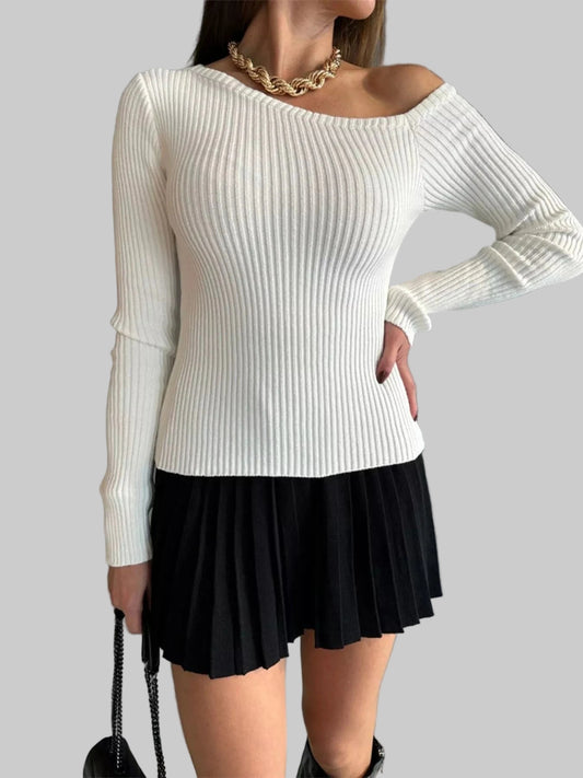 Ribbed Single Shoulder Sweater Sweaters White / S The Nichole Collection