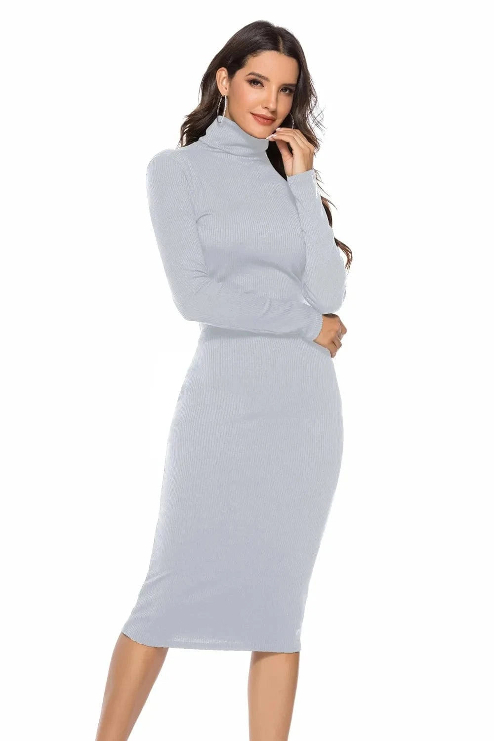 Ribbed Turtleneck Long Sleeve Dress Dresses Light Gray / S The Nichole Collection