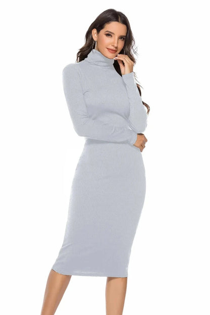 Ribbed Turtleneck Long Sleeve Dress Dresses Light Gray / S The Nichole Collection