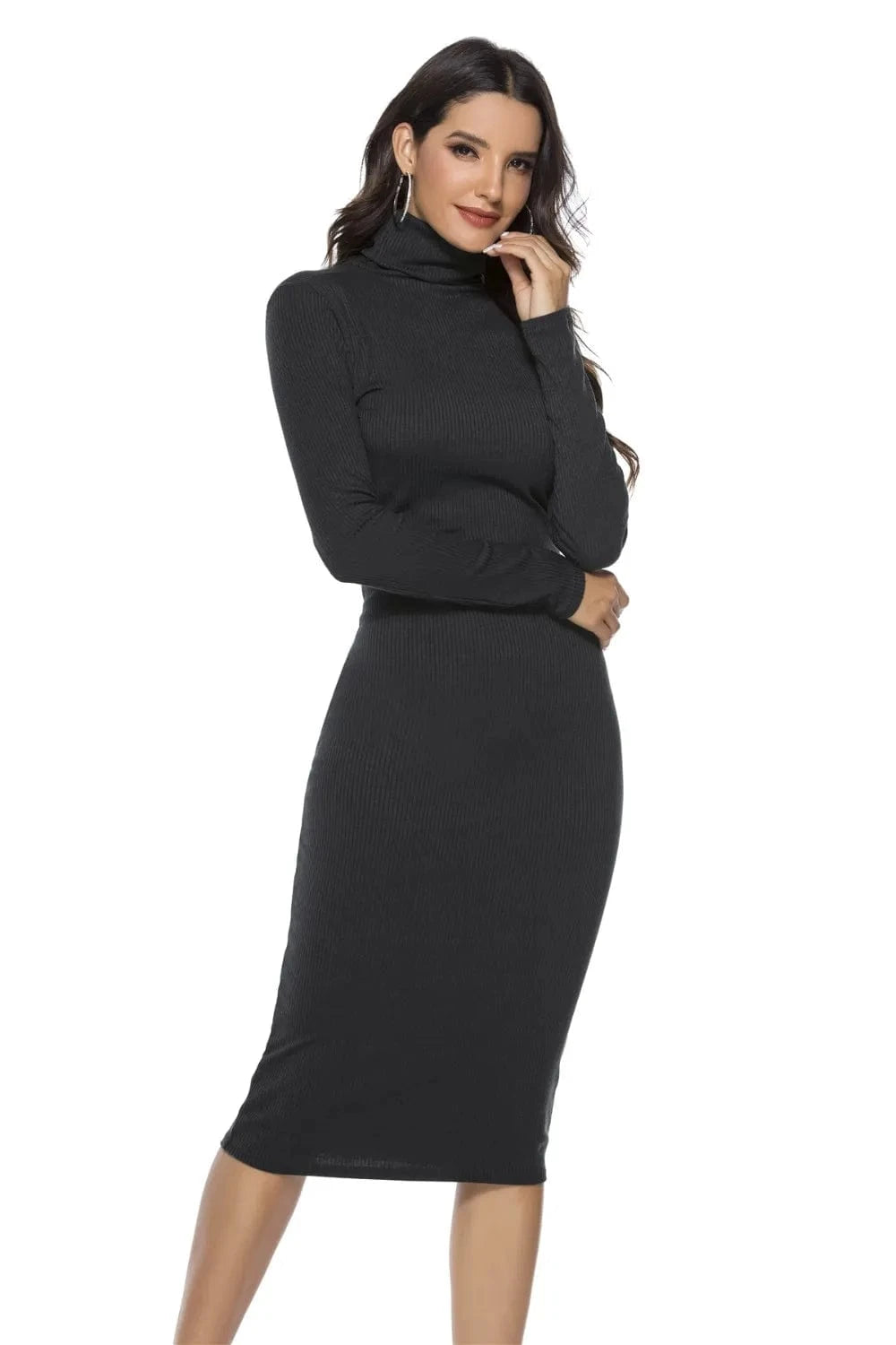 Ribbed Turtleneck Long Sleeve Dress Dresses Black / S The Nichole Collection