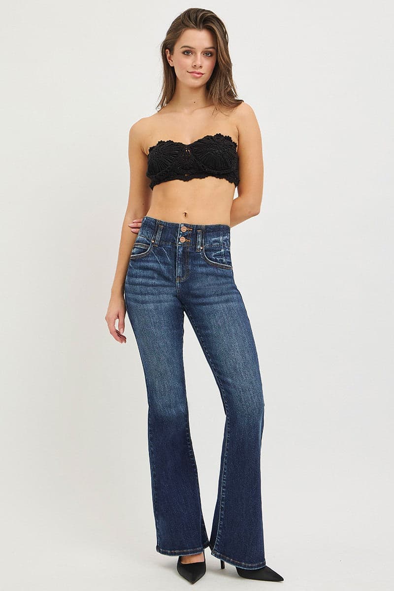RISEN High Rise Flare Jeans With Seam Detail Waistband The Nichole Collection