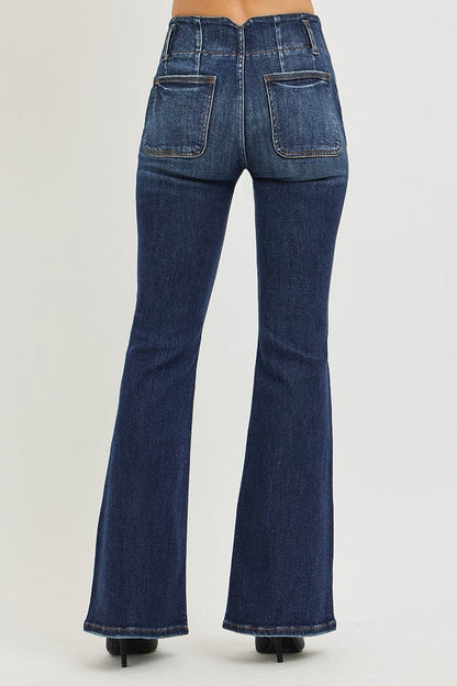 RISEN High Rise Flare Jeans With Seam Detail Waistband The Nichole Collection