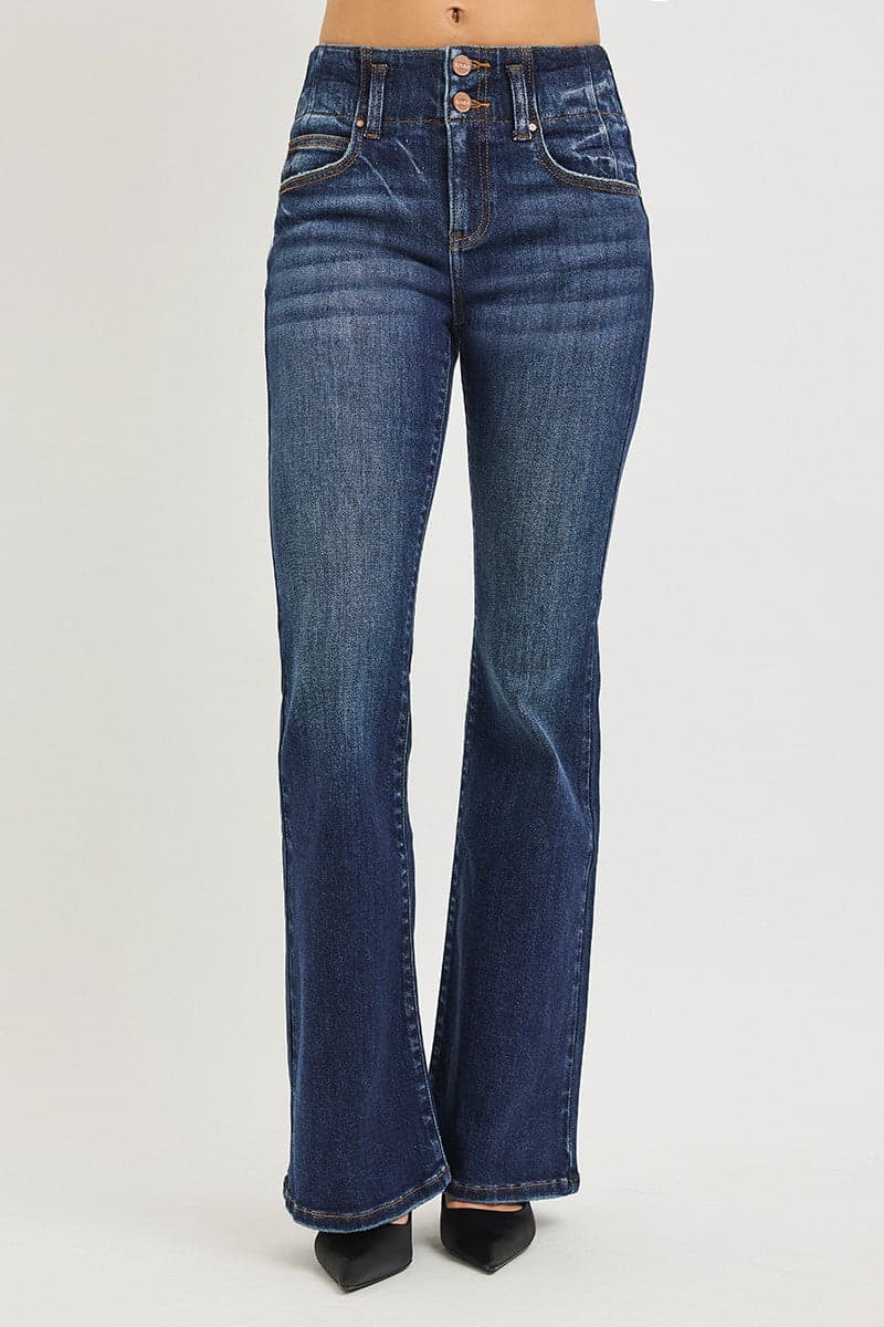 RISEN High Rise Flare Jeans With Seam Detail Waistband The Nichole Collection