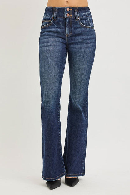 RISEN High Rise Flare Jeans With Seam Detail Waistband The Nichole Collection