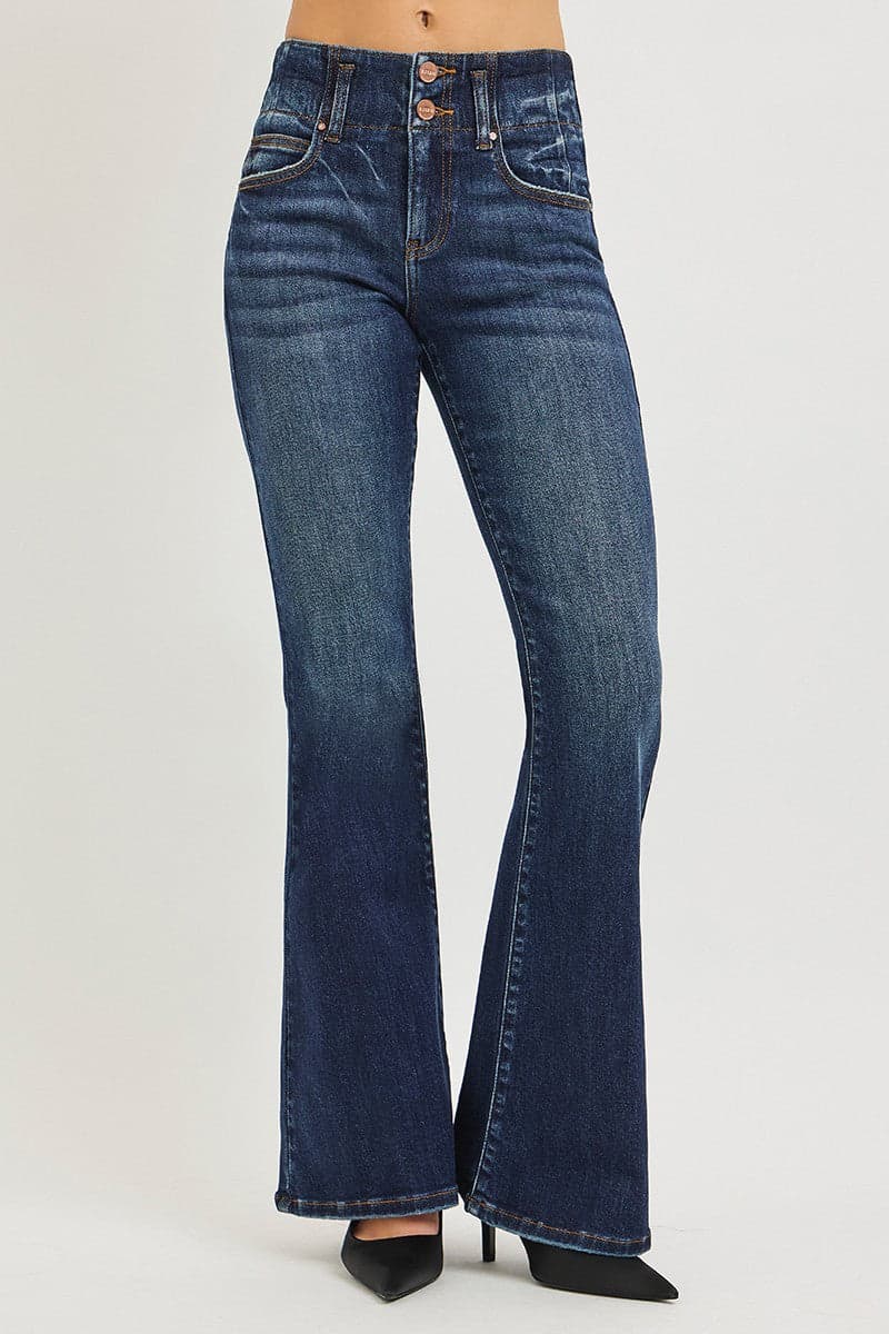 RISEN High Rise Flare Jeans With Seam Detail Waistband The Nichole Collection