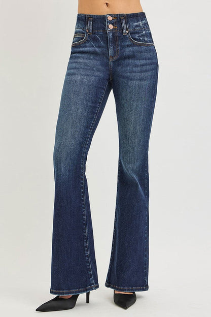 RISEN High Rise Flare Jeans With Seam Detail Waistband Dark / 0 The Nichole Collection