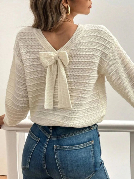 Round Neck Bow-Back Knit Top Sweaters Beige / S The Nichole Collection