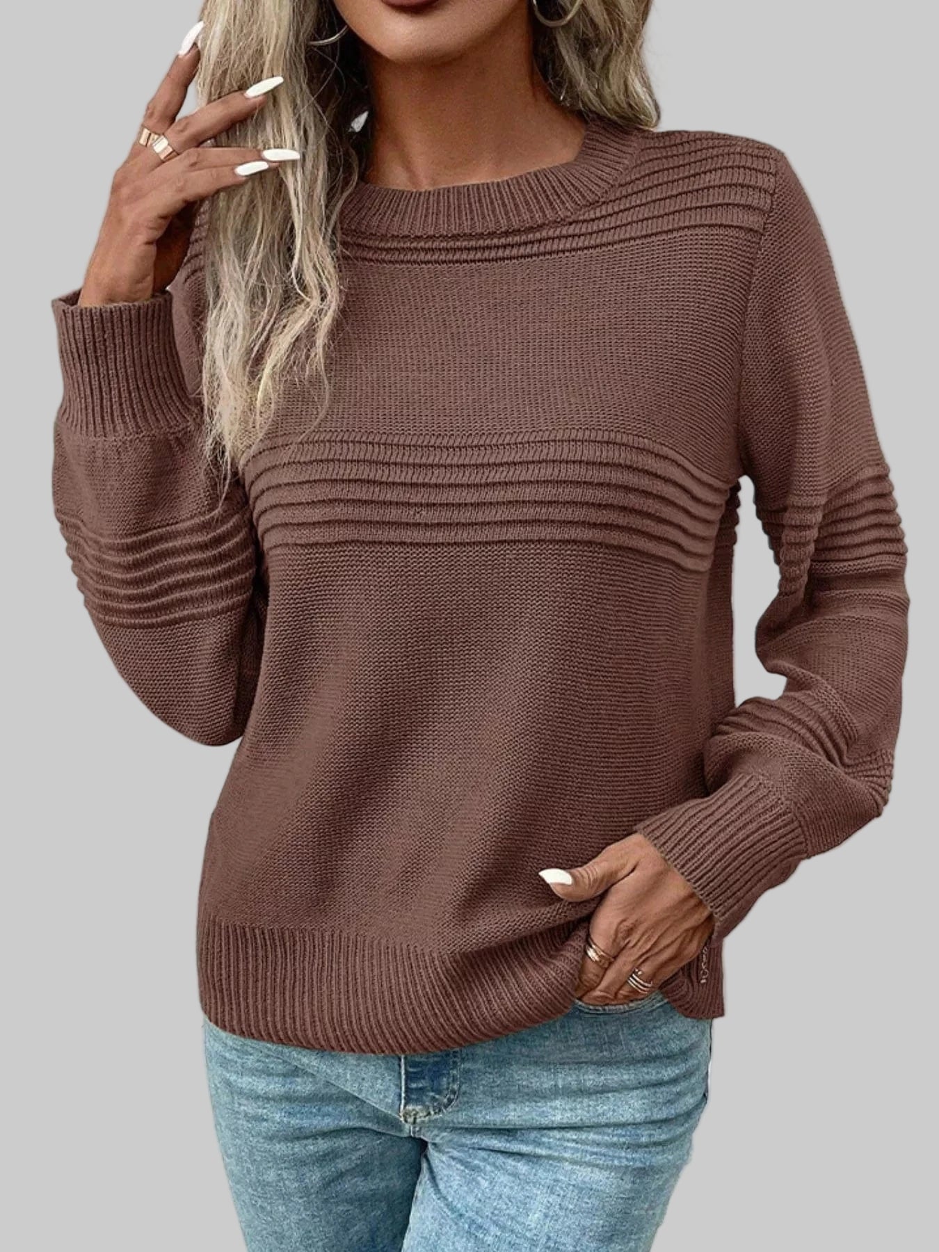Round Neck Long Sleeve Sweater Brown / S Trendsi