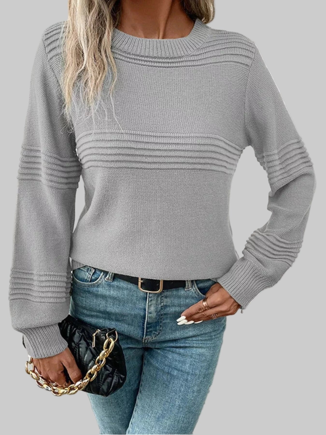 Round Neck Long Sleeve Sweater Light Gray / S Trendsi