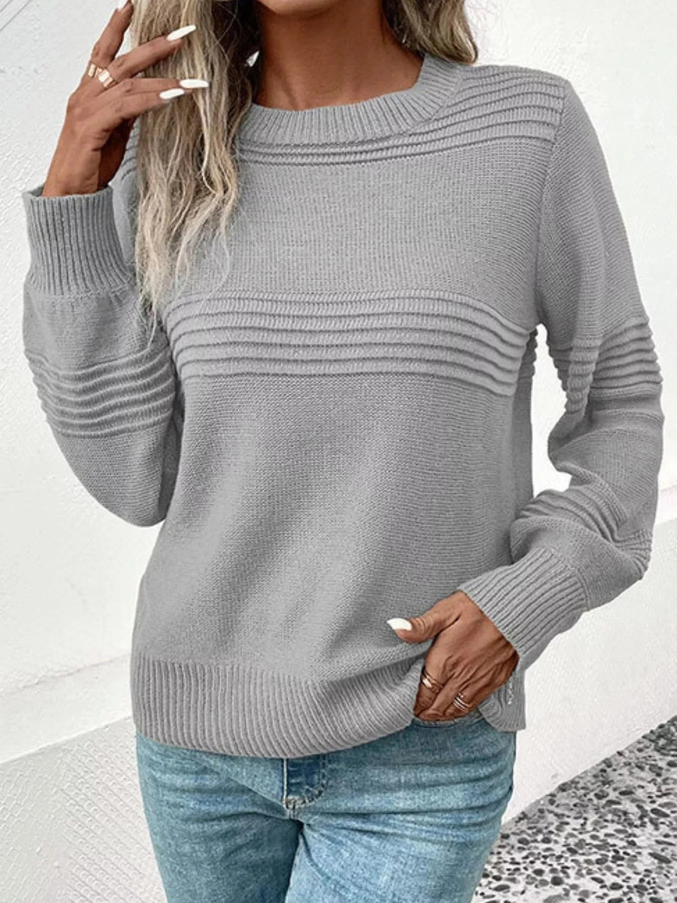 Round Neck Long Sleeve Sweater Trendsi
