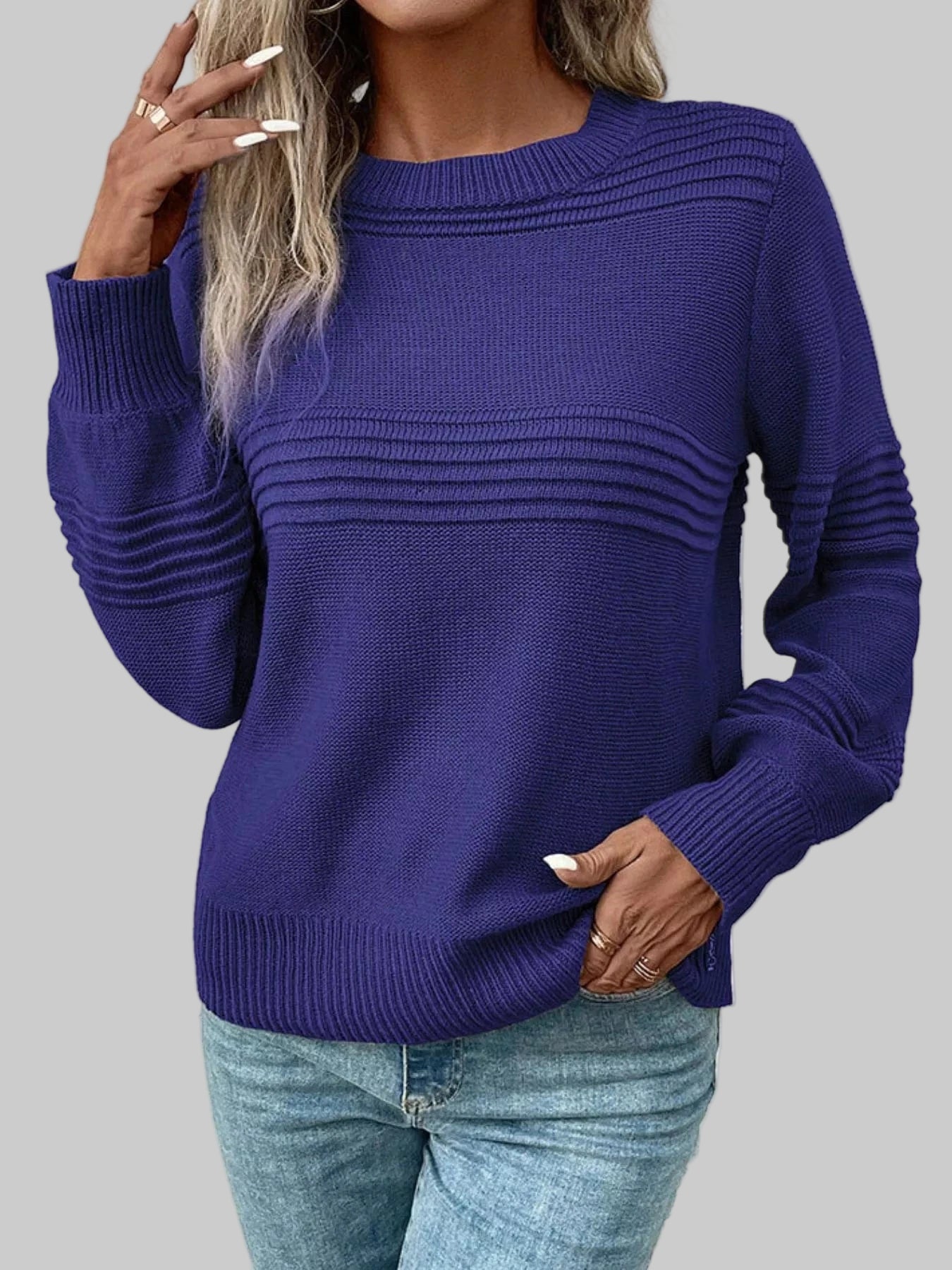 Round Neck Long Sleeve Sweater Dark Blue / S Trendsi